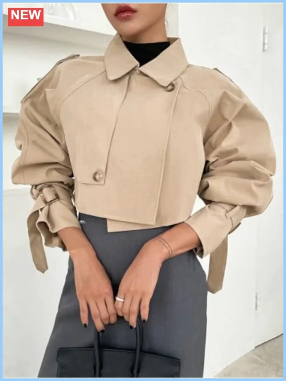 Women's Cropped Trench Coat Double-Breasted Long Sleeve Cotton Fashion Jacket